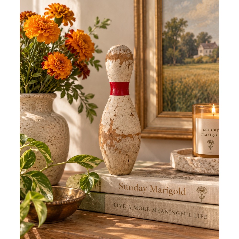 Vintage Distressed Wooden Bowling Pin Rustic Farmhouse Decor Red White 9.5 Inch
